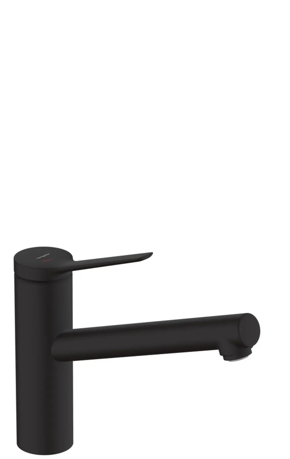 Ein schwarz mattierter Küchenmischer von Hansgrohe mit einem langen Auslauf und einem seitlichen Bedienhebel. Das Produkt hat ein minimalistisches Design und eine einfache Bedienbarkeit.
